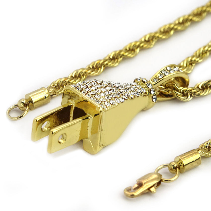 HIP HOP ICED LAB DIAMOND GOLD PT BLING POWER PLUG PENDANT & 24" ROPE CHAIN NECKLACE