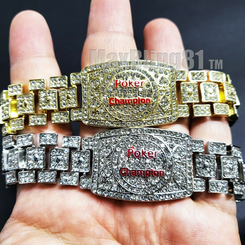 POKER CHAMPION BRACELET GOLD SILVER PLATED ALLOY CUBIC ZIRCONIA ICY ICED HIP HOP