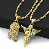 14K Gold Plated Hip Hop Jesus & Angel Pendant w/ 2mm 24" & 30" Rope Chain Necklace Set