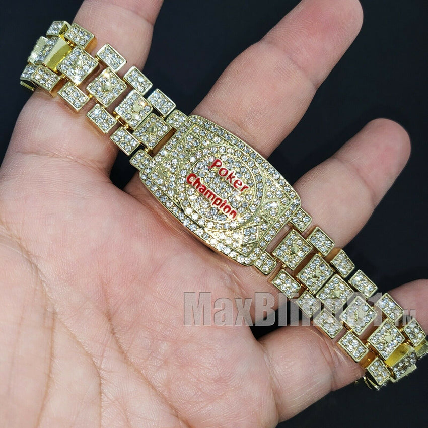 POKER CHAMPION BRACELET GOLD SILVER PLATED ALLOY CUBIC ZIRCONIA ICY ICED HIP HOP