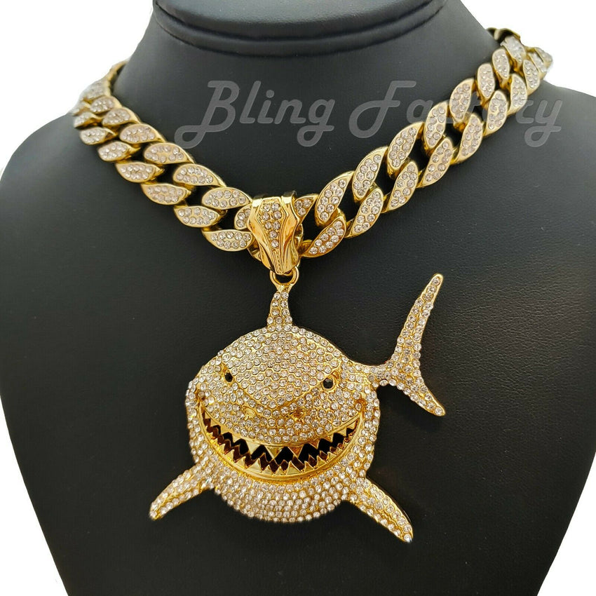 Hip Hop 6ix9ine Iced Shark Pendant & 16" 18" 20" 24" 30" Iced Cuban Choker Chain Bling Necklace