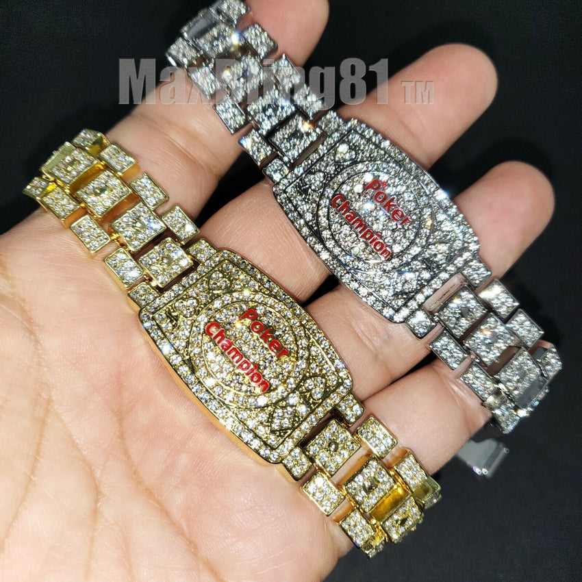 POKER CHAMPION BRACELET GOLD SILVER PLATED ALLOY CUBIC ZIRCONIA ICY ICED HIP HOP