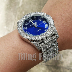 Hip Hop Iced Blue Dial White Gold PT Migos Bling BIG Simulated Diamond Watch