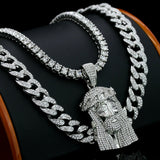 Silver plated Lab Diamond Jesus Pendant & 18" Full Iced Cuban & 20" 1 ROW Tennis Choker Chain Necklace set