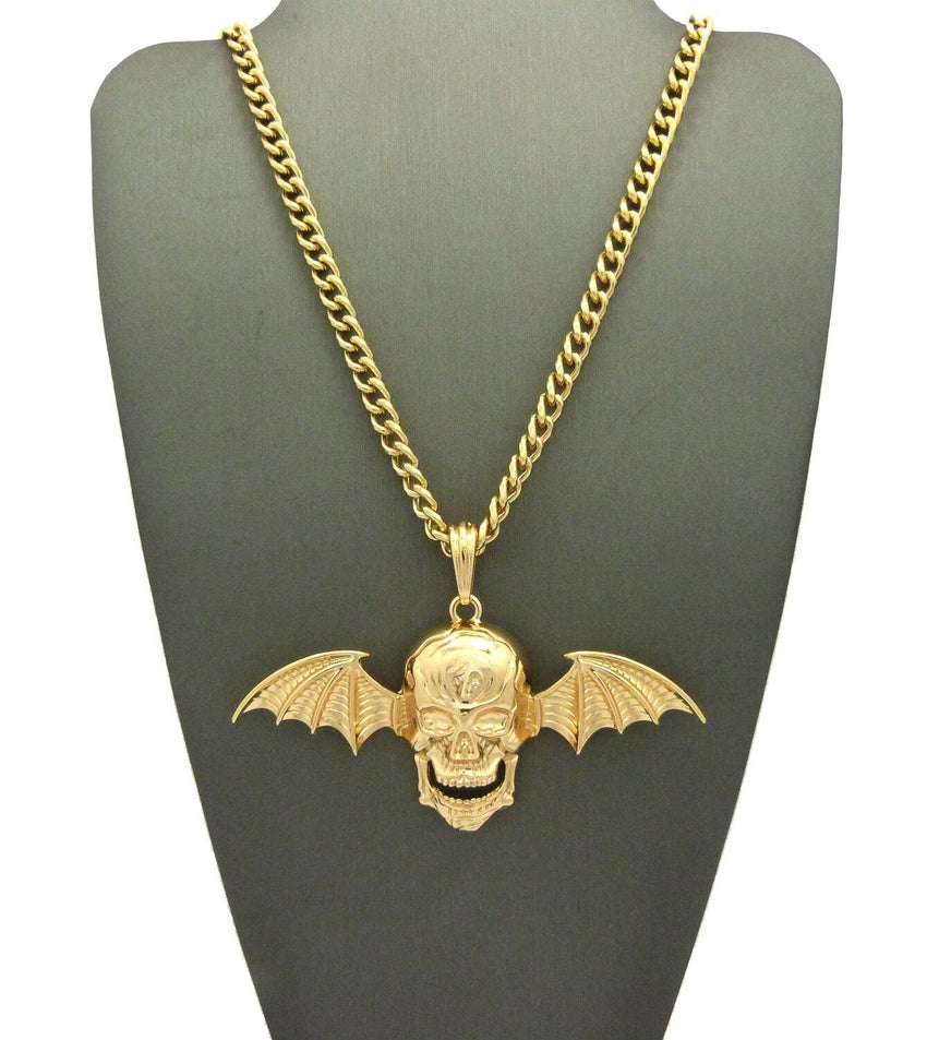 Hip Hop Avenged Sevenfold Skull Wing Pendant & 4mm 18" 20" 24" Cuban Brass Chain Necklace