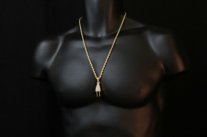 HIP HOP ICED LAB DIAMOND GOLD PT BLING POWER PLUG PENDANT & 24" ROPE CHAIN NECKLACE