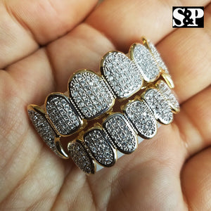 Hip Hop Brass Gold Plated High Quality Pave Teeth Feng Grillz Top & Bottom Set