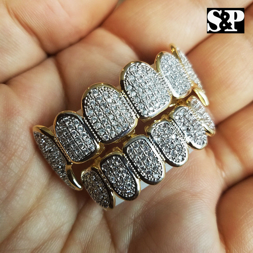 Hip Hop Brass Gold Plated High Quality Pave Teeth Feng Grillz Top & Bottom Set