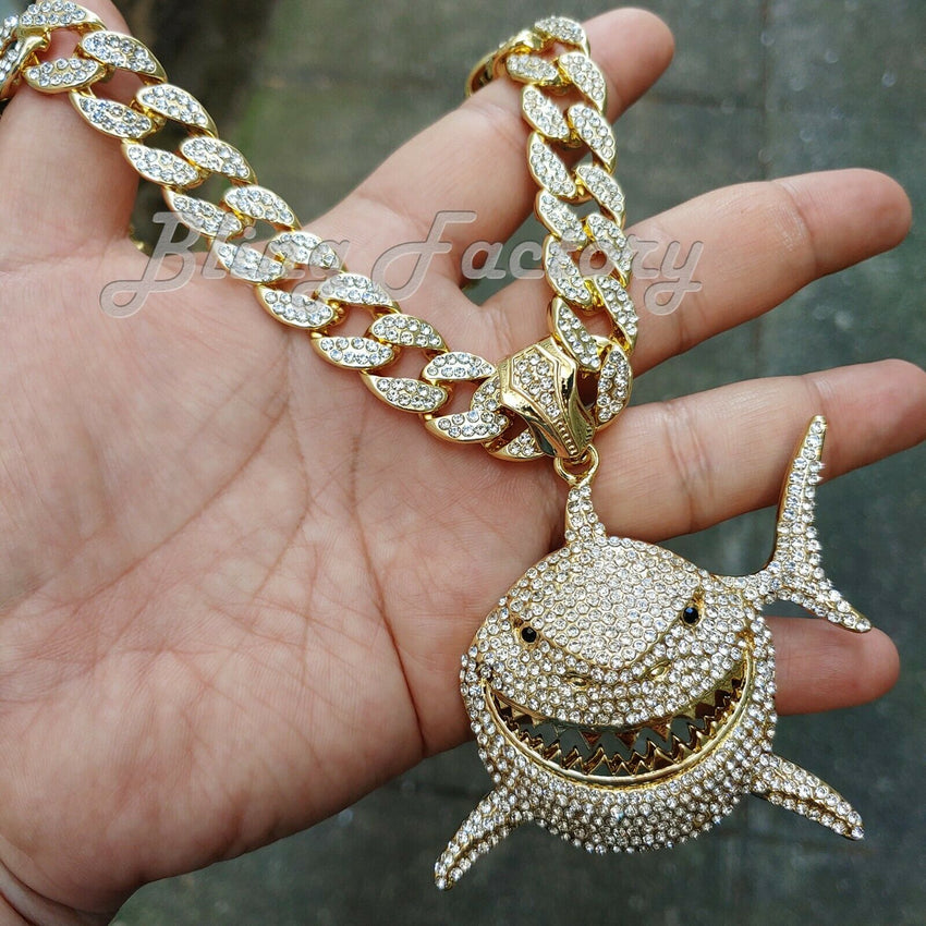 Hip Hop 6ix9ine Iced Shark Pendant & 16" 18" 20" 24" 30" Iced Cuban Choker Chain Bling Necklace
