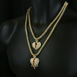 Gold PT Hip Hop Broken Heart Pendant & 1 Row Lab Diamond 18