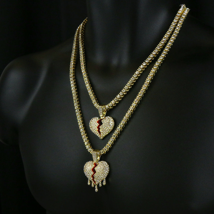 Gold PT Hip Hop Broken Heart Pendant & 1 Row Lab Diamond 18" & 24" Tennis Chain Necklace Set