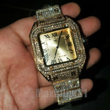 Men Hip Hop Gold Plated Iced Bling Lab Diamond Luxury Style Square Metal Band Watch