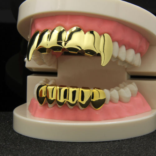 14K Gold Plated Hip Hop Teeth Grillz Caps Top & Bottom Grill Fang Set